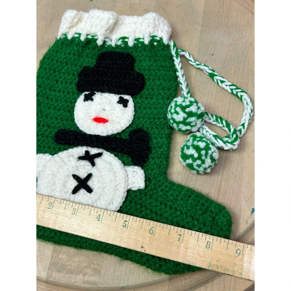 Handmade Green‎ Crochet Christmas Stocking Snowman Green White Trim Pom Poms